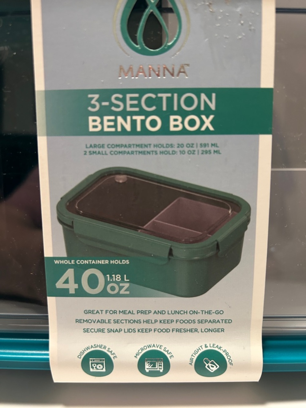 Manna Set of 2 3-Section Bento Box in teal, featuring a total capacity of 40 oz. - Picture 5 of 16
